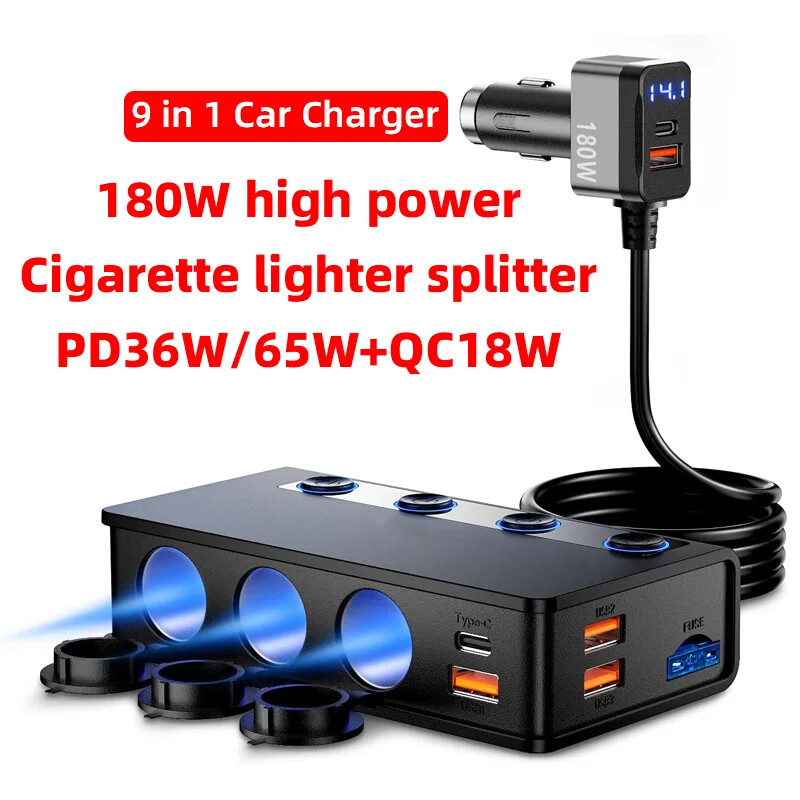 180W Car Charger Splitter with 3 Sockets and PD QC3.0 Fast Charging