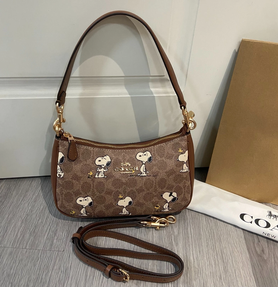 COACH x PEANUTS Teri Shoulder Bag Tan Brown Snoopy Print Signature Canvas CBJ88
