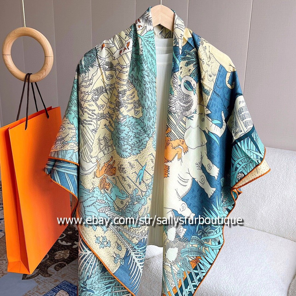 Sally Cashmere & Silk Wrap Scarf Animals Print Double Face Shawl Hand Rolled 53