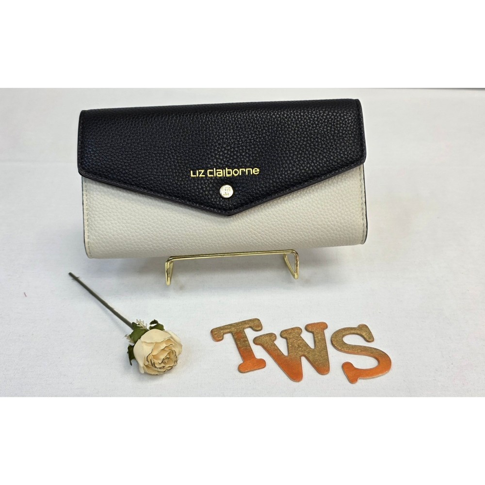 Liz Claiborne Women Black Cream Pebbled Envelope Slim Wallet Gold Logo Snap