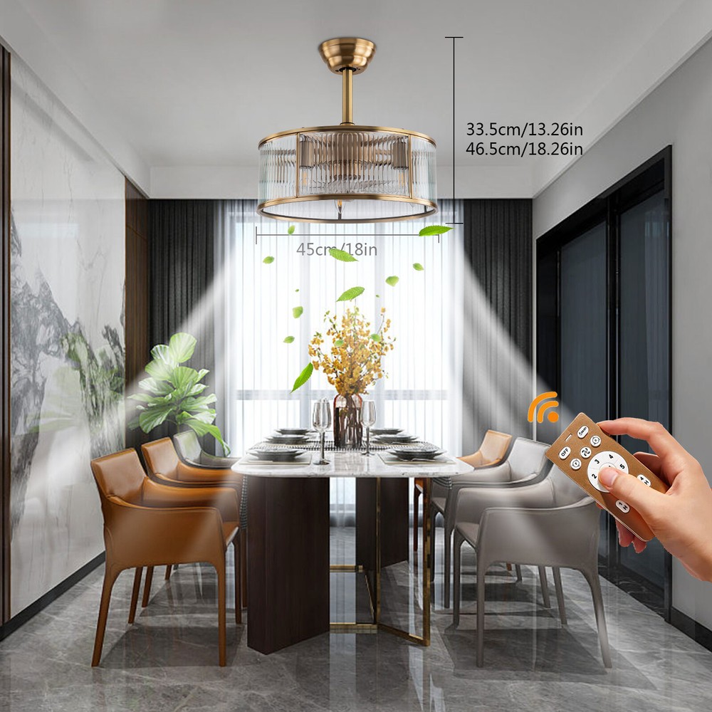 Retro Gold 18 Inch Ceiling Caged Fan Light with Remote 40W Living Room Lamp