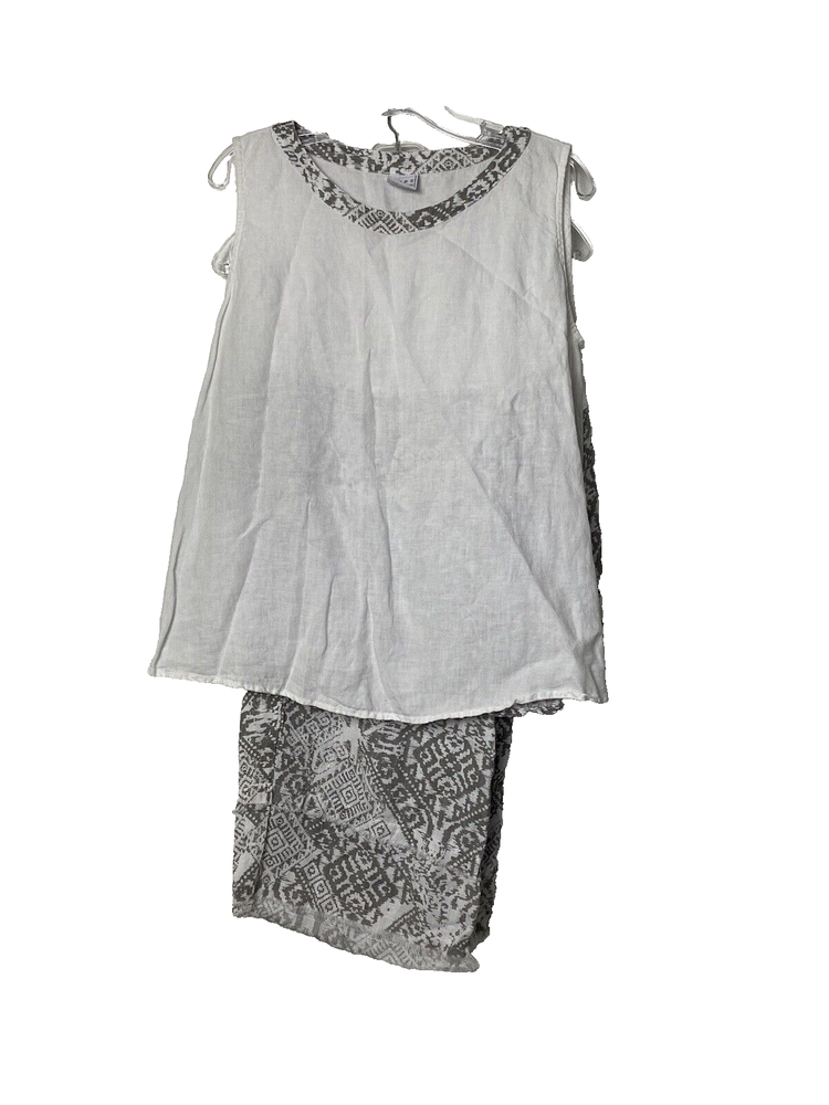 Pure Match 100% Linen 2 Pieces Set Women Wide Leg Pants Blouse Boho Size M Gray