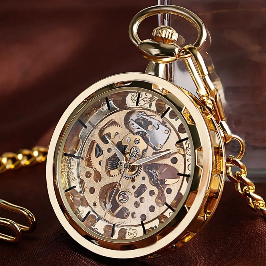 Vintage Skeleton Pocket Watch Transparent Open Face Hand Wind Chain Gift Quality