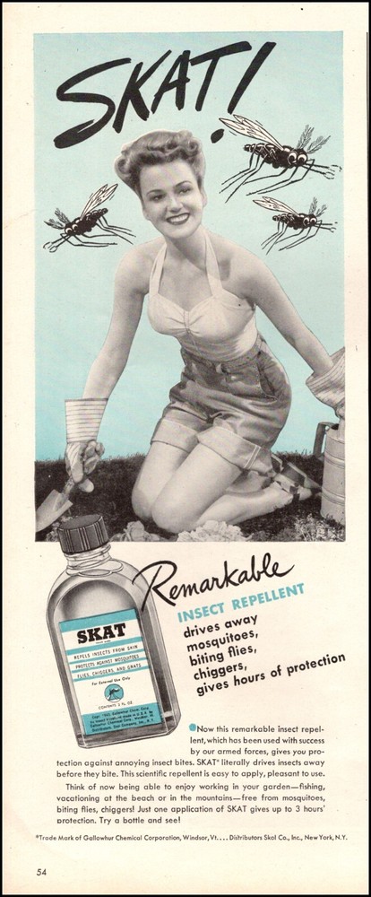1944 WW 2 era AD SKAT Insect Repellent Pretty Gardner in Sun Suit 071424
