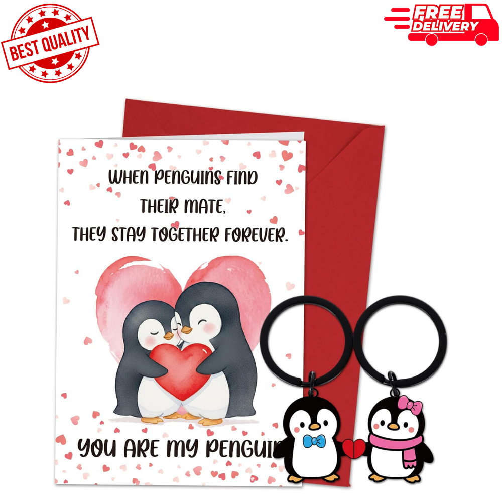 Cute Penguin Valentines Day Cards for Him Her, Anniversary Card with Keychain Va