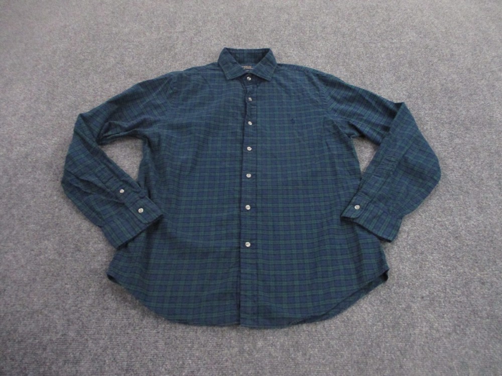 Polo Ralph Lauren Shirt Adult L Blue Green Blackwatch Plaid Slim Fit Pony Mens