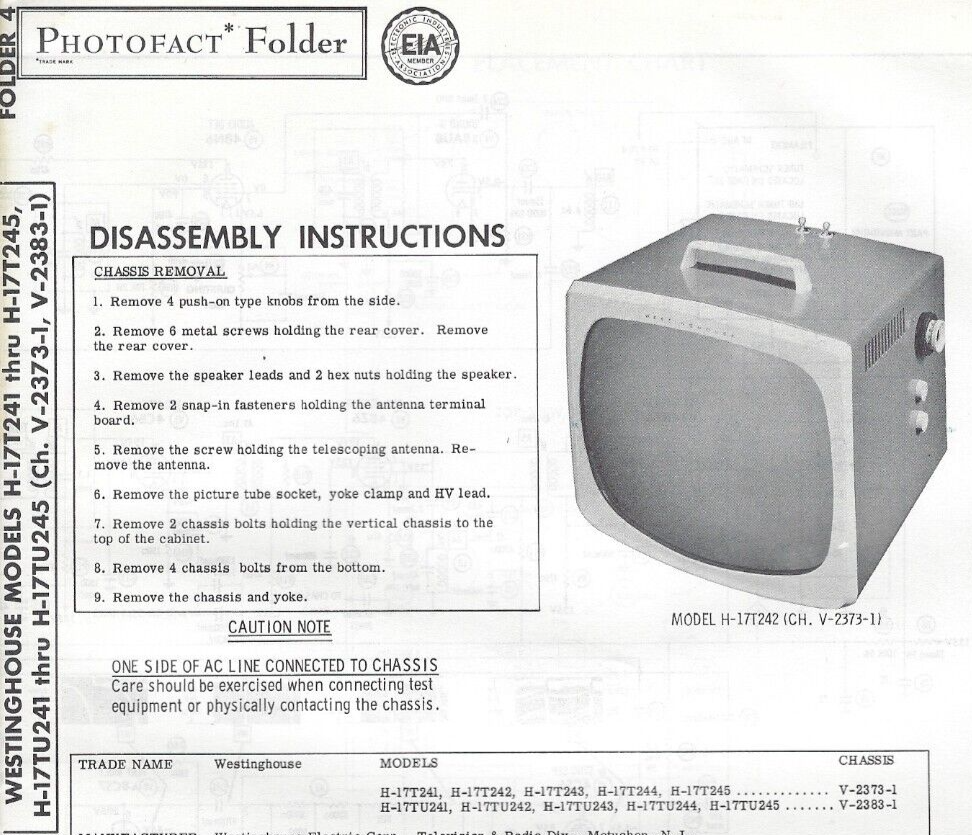 1958 WESTINGHOUSE H-17T242 PORTABLE Tv TELEVISION SERVICE MANUAL Photofact Vtg