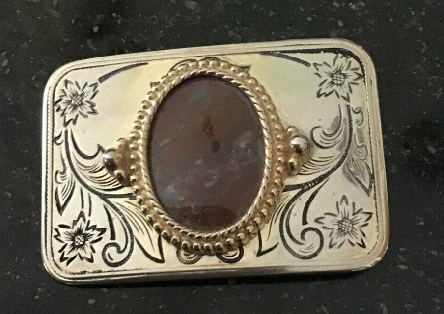 Vtg Belt Buckle Silver & Gold Tone Metal Polished Agate Stone Western Rodeo