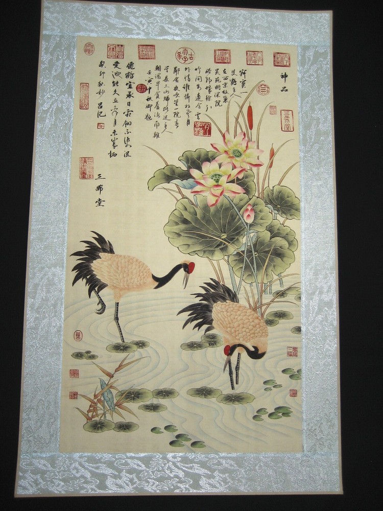 Old Chinese Painting Scroll About Crane Rice paper By Lv Ji吕纪
