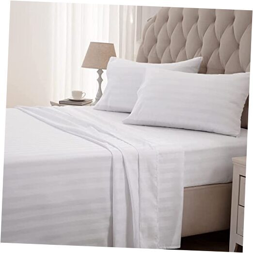 600 Thread Count Striped Sheets for Bed -100% Long Staple King Striped White