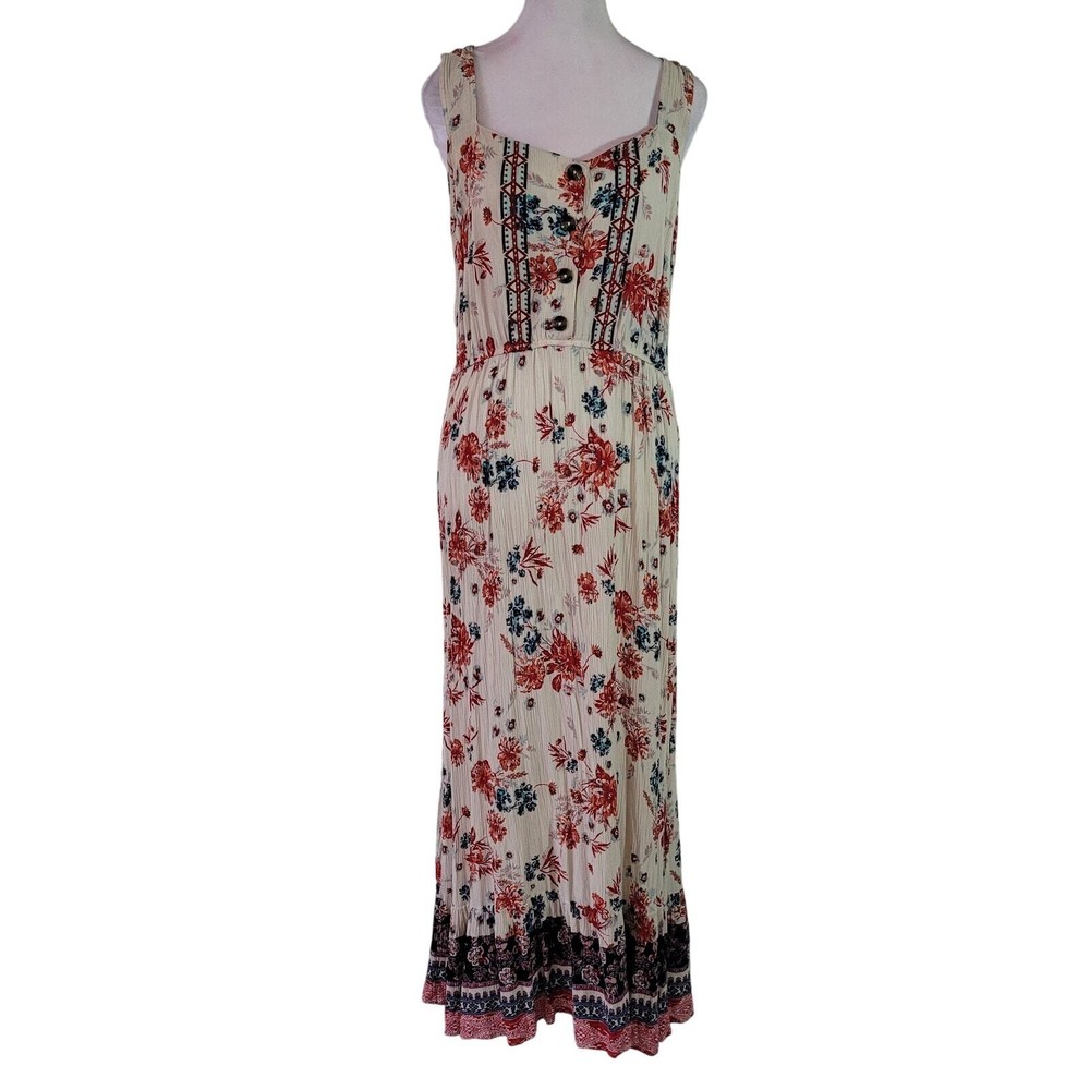 Knox Rose Size L Gauze Maxi Sheath Dress Floral Sleeveless Button Front Cream