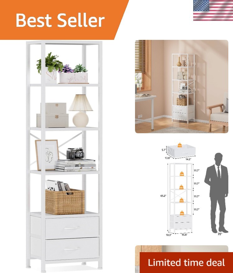 5-Tier Narrow Corner Bookcase with 2 Storage Drawers for Home Organization