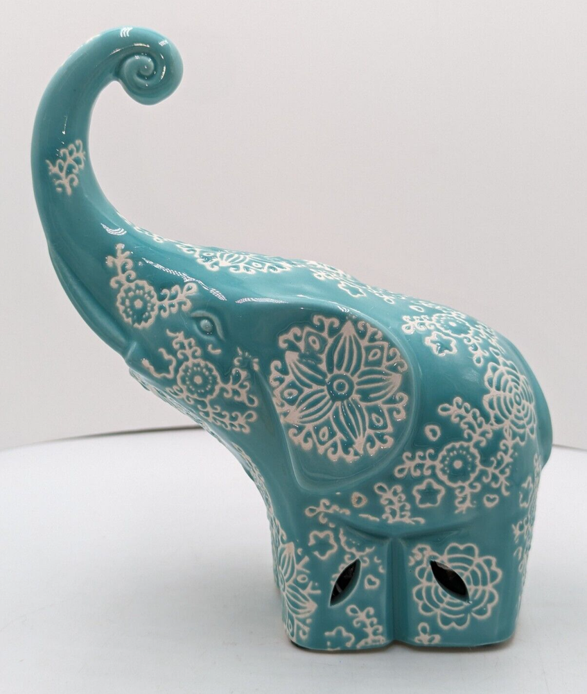 Hand-Painted Turquoise Ceramic Elephant Potpourri Holder 7 Inch by GC Home