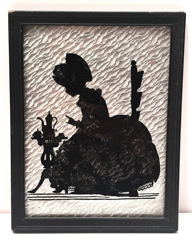1930’s Painted Silhouette with Silver Foil Background Victorian Woman Having Tea