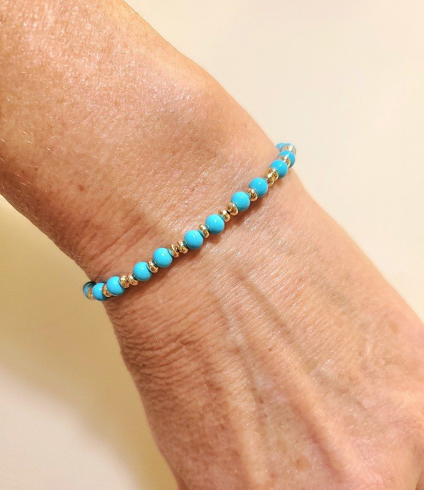 14k Solid Yellow Gold 4mm Blue Sleeping Beauty Turquoise Saucer Bead Bracelet