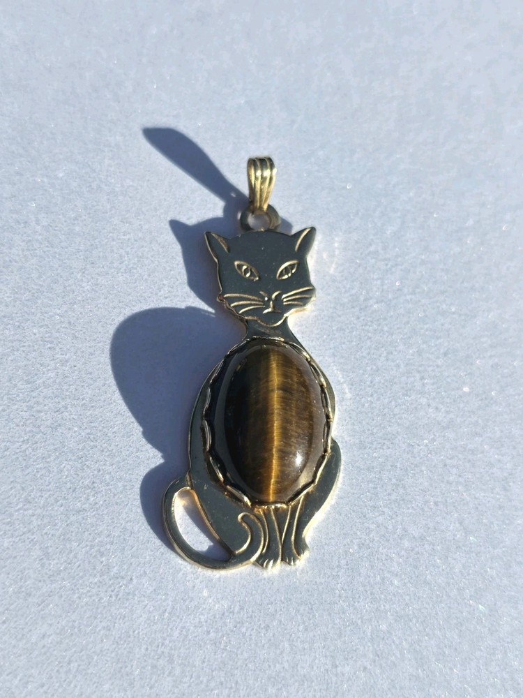 Vintage Gold-Tone Cat & Tiger's Eye Pendant