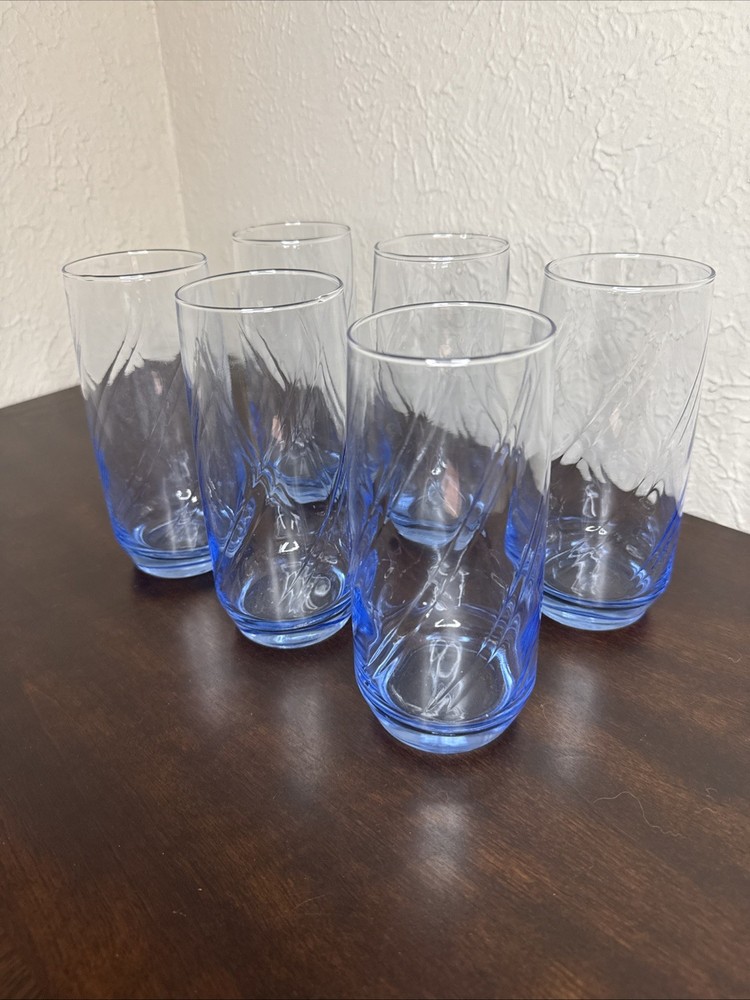 RARE Anchor Hocking Blue Swirl Aurora Glass Set of 6 Tall 7-inch Glasses