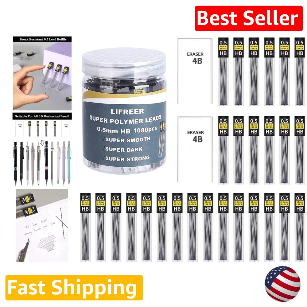 1080 Pcs HB 0.5mm Lead Refills - Break Resistant - for Mechanical Pencils