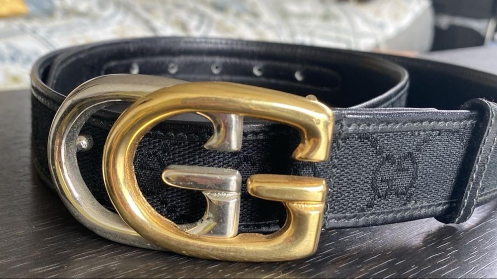 GUCCI GG interlocking buckle belt in black canvas with leather trim and hardware, made in Italy