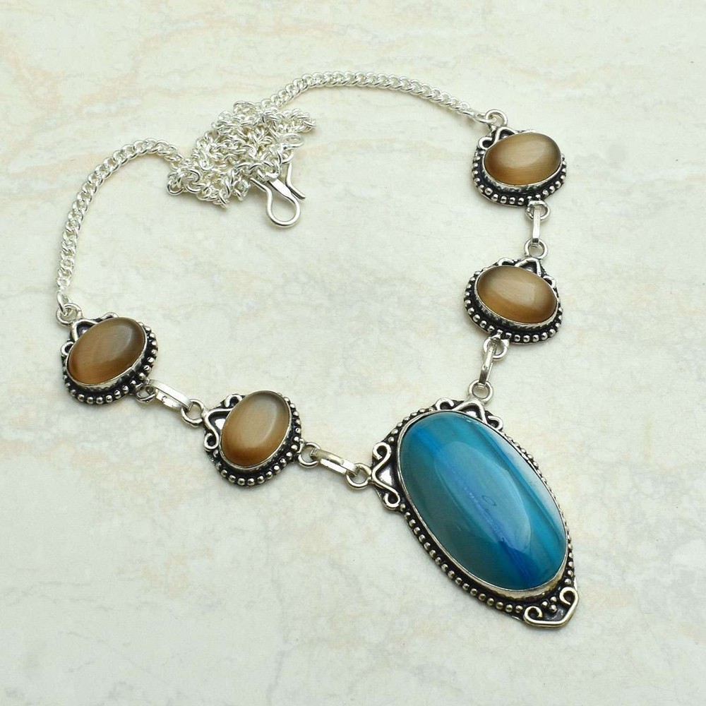 Botswana Agate Cat Eye Gemstone Ethnic Handmade Necklace Jewelry 33 Gms AN 62127