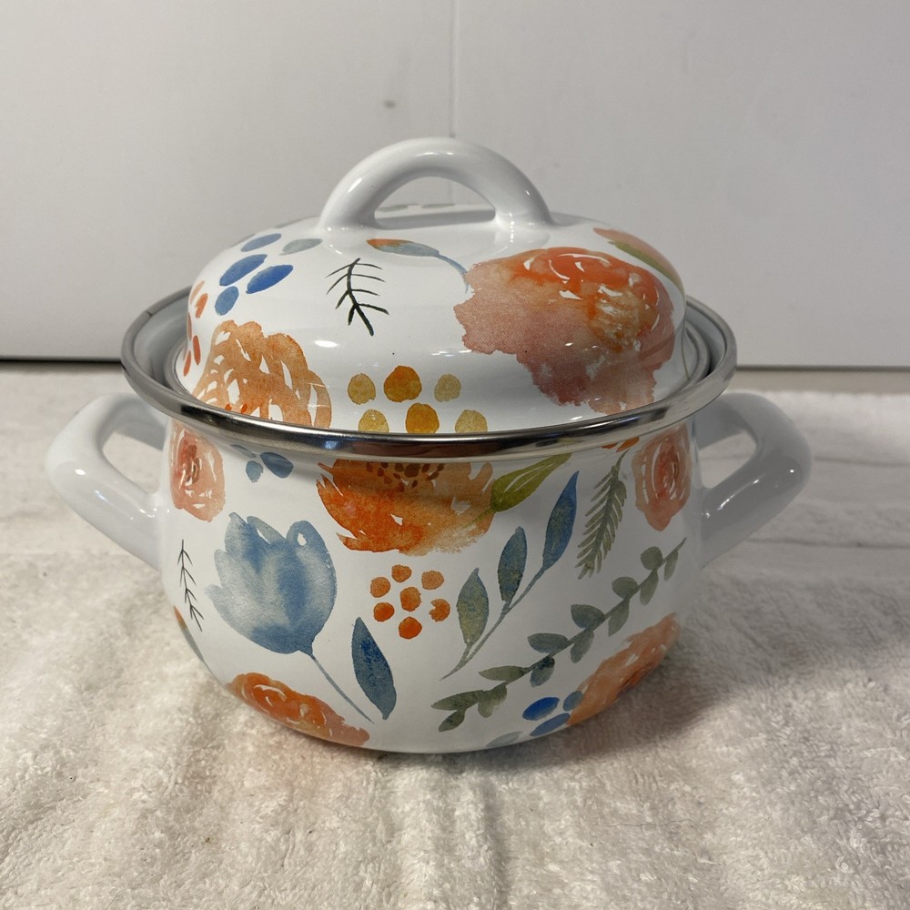 Crofton 1 Qt Floral Enamel Dutch Oven Casserole Pot with Double Handles and Lid
