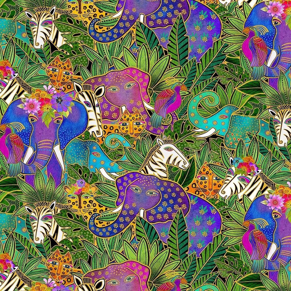 Laurel Burch Earth Song Jungle Wild Animals Allover Black Fabric By FQ - 1/4 YD