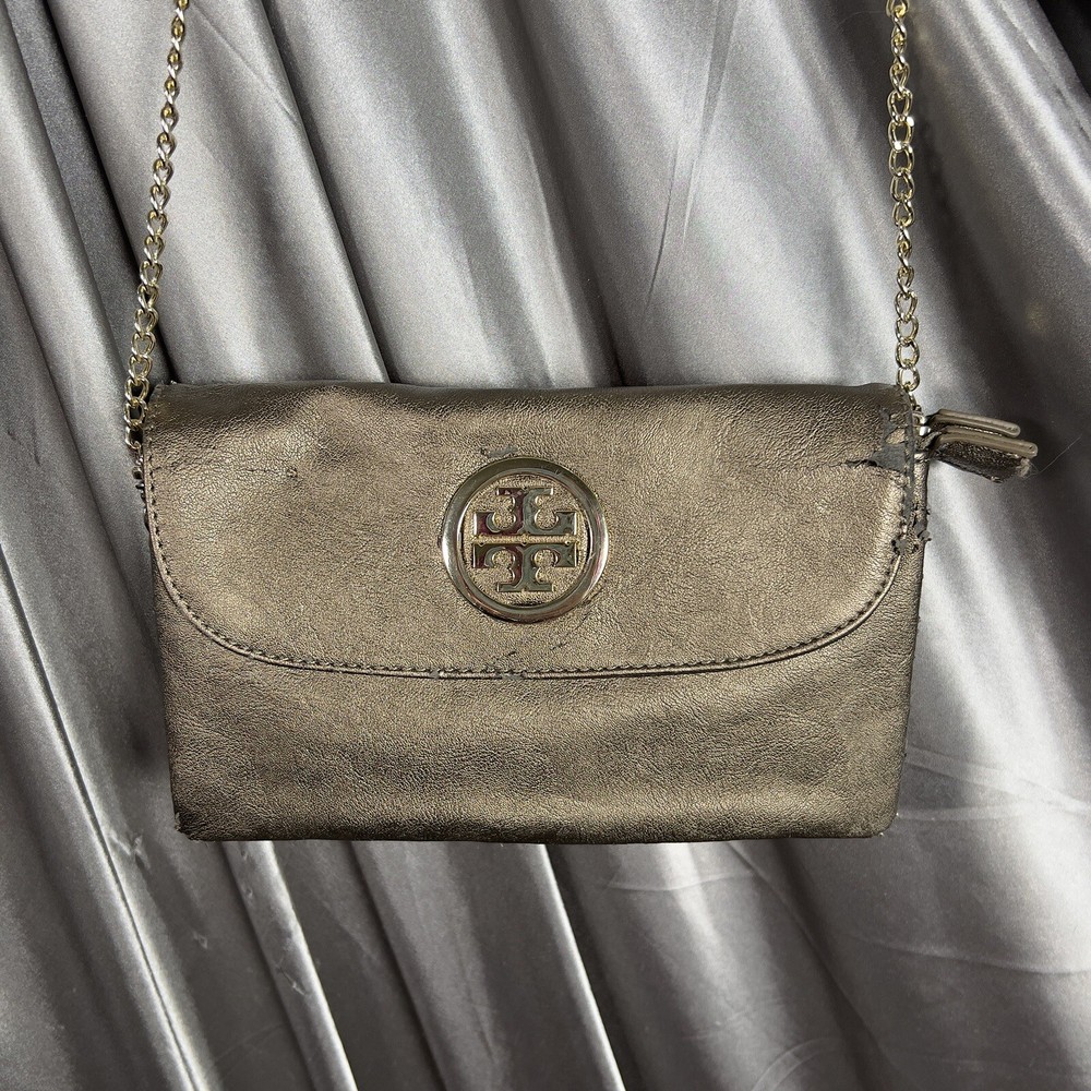 Tory Burch Bag Metallic Gold Leather Foldover Chainlink Crossbody Wallet Purse
