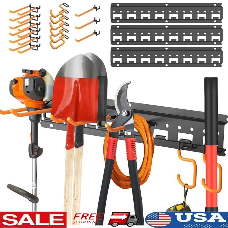 Heavy Duty Wall Mount Garden Tool Organizer with Adjustable Hooks for Garage Storage