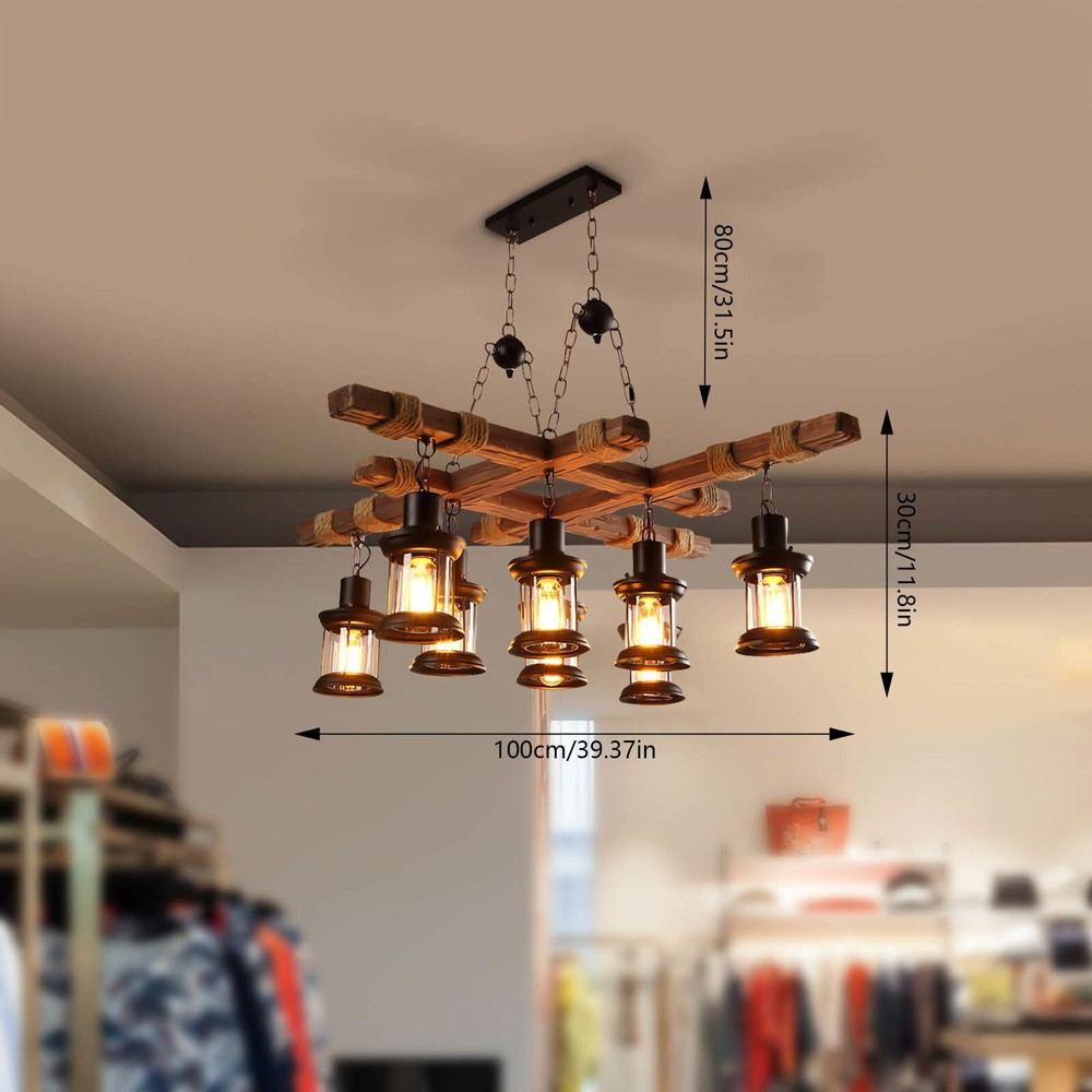 Rustic 8-Light Wood Chandelier Industrial Farmhouse Ceiling Pendant Lamp