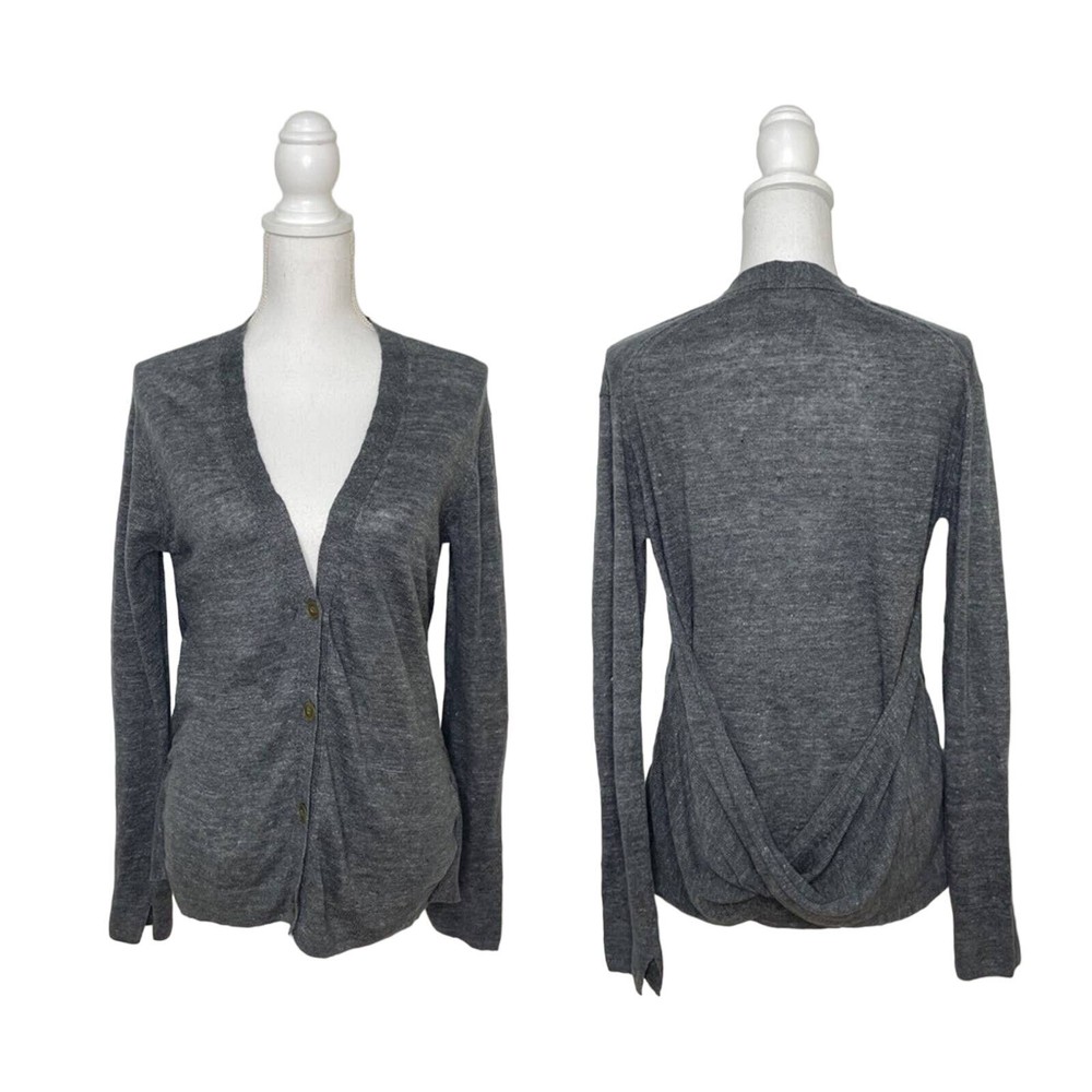 BROCHU WALKER Dark Gray 100% Linen Back Twist V-Neck Cardigan Sweater Size M