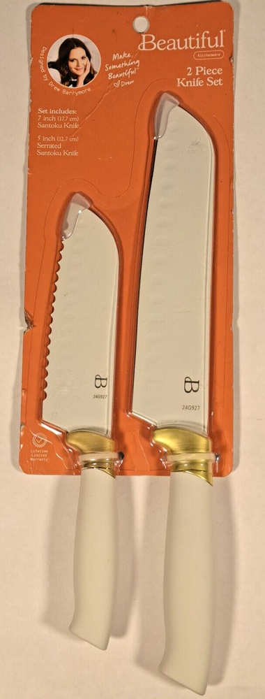 Drew Barrymore 2pc White Santoku Knife Set for Stylish Kitchens