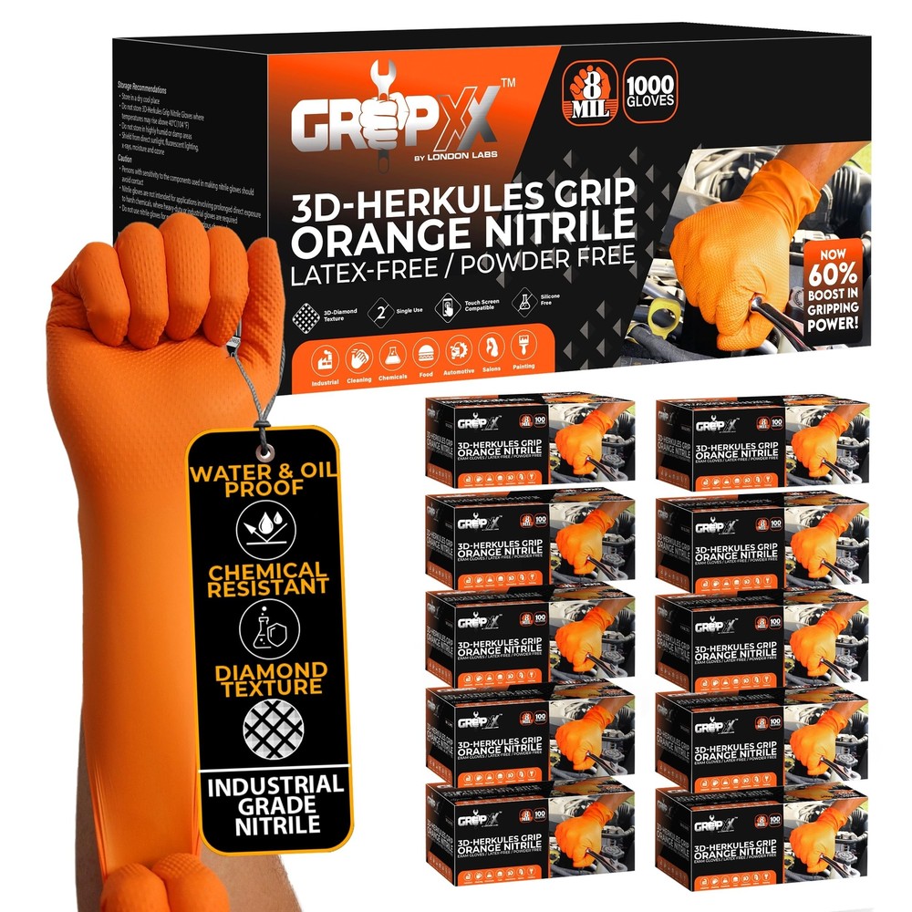 Herkules Grip Heavy Duty 8Mil Orange Nitrile Gloves with 3D Diamond Texture