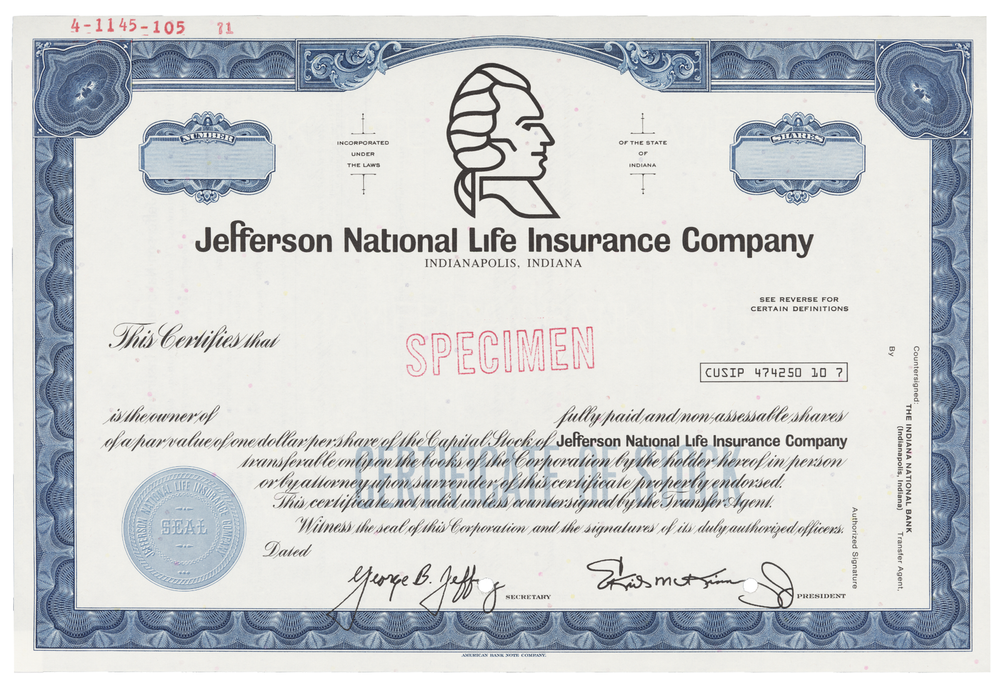 Jefferson National Life Insurance Company. Stock Certificate.
