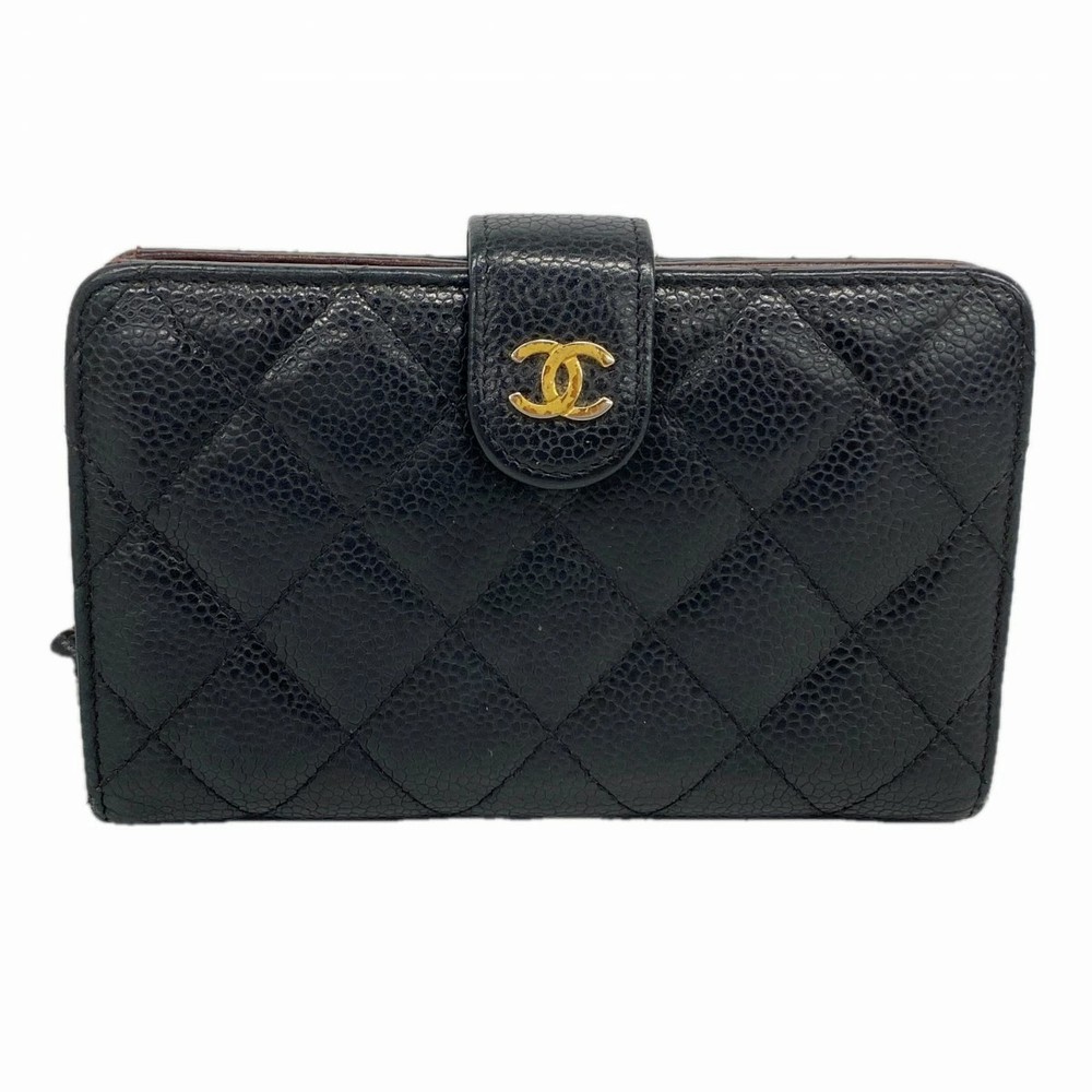 CHANEL Matelasse Caviar Leather Wallet Black Gold Hardware Used