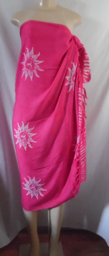 SARONG WRAP WHITE PINK SUN BORDER BATIK RAYON FRINGE L 45