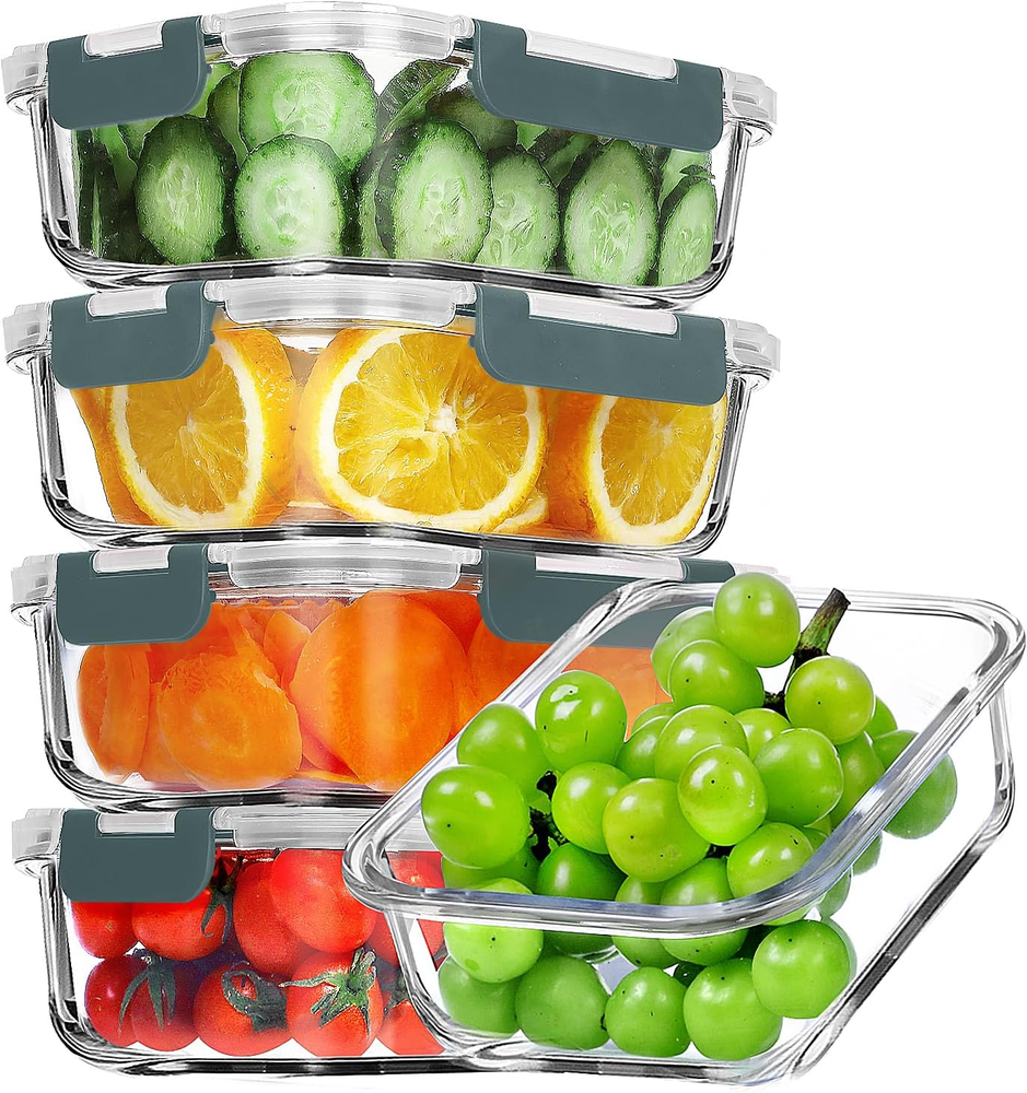 5 Pack 36 OZ Glass Meal Prep Containers, Airtight Glass Lunch Containers Set, Gl