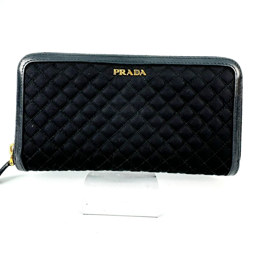 Prada Black Nylon Leather Logo Zip Long Wallet