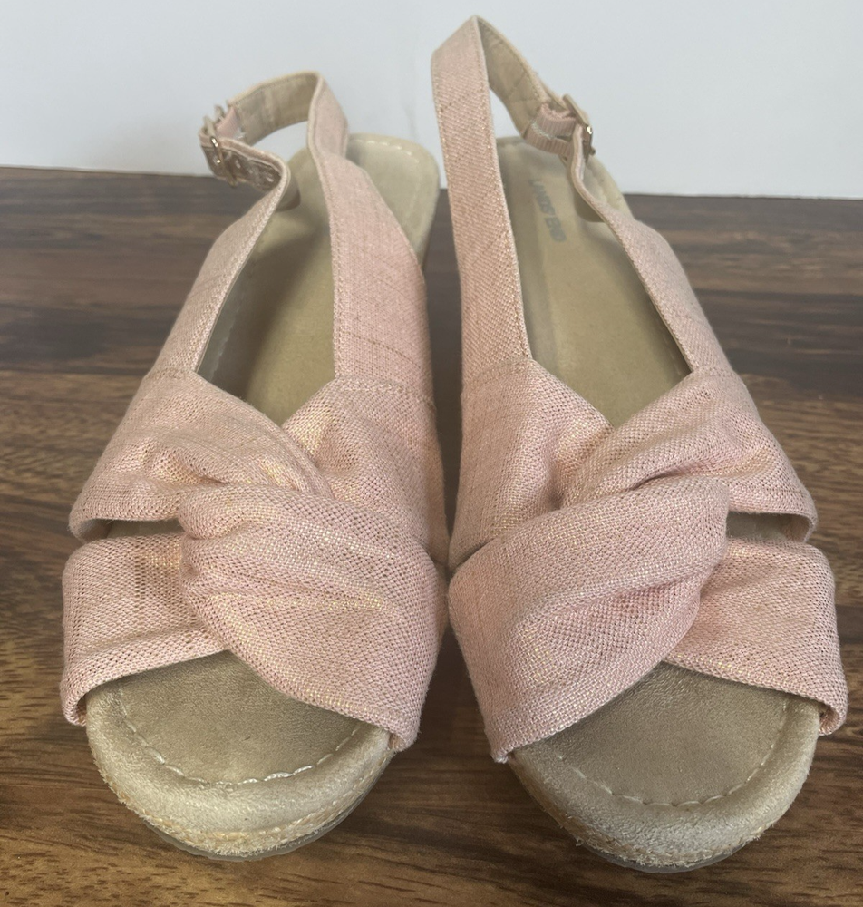 Lands' End Women's Wedge Sandals Size 8.5 Pink & Tan Suede Adjustable Strap