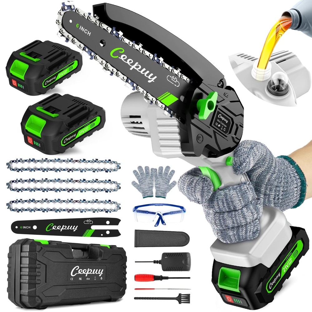 6-Inch Cordless Mini Chainsaw with Auto Oiler & 2 Batteries