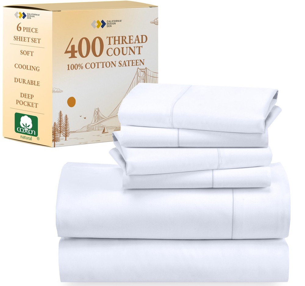 6-Pc Queen Size Sheet Set with 4 Pillowcases - 400 Thread Count 100% Cotton S...