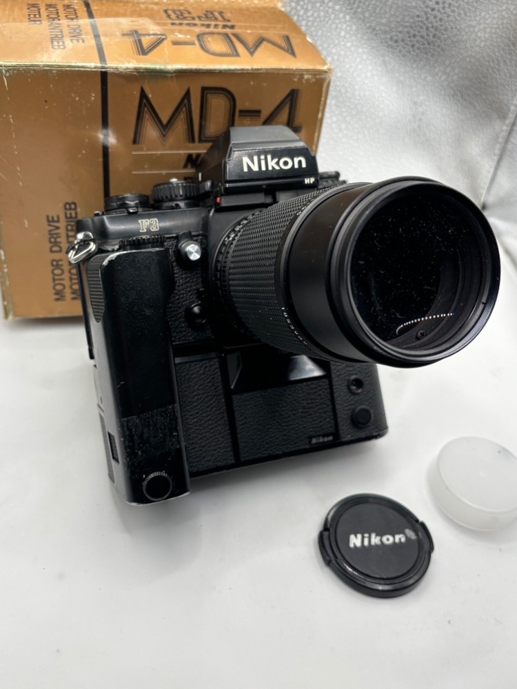 NIKON F3HP  Film SLR Camera Black Body w MD-4, &  Zoom High Eye Point HP finder.