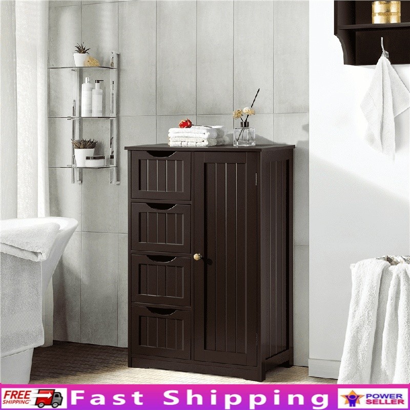 Wooden Bathroom Cabinet with 4 Drawers and Adjustable Shelves