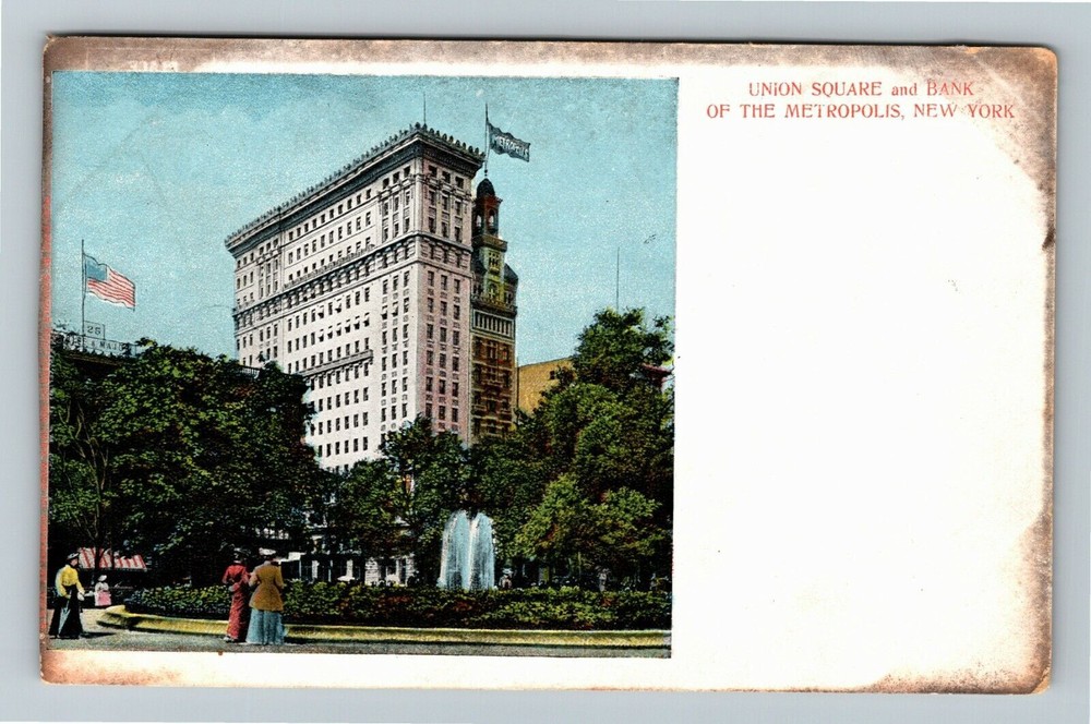 New York City NY,, Union Square & Bank Of Metropolis Vintage Souvenir Postcard
