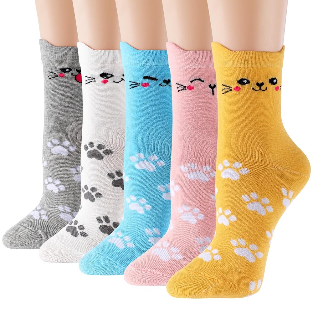 5 Pairs Women’s Cat Socks: Colorful, Cute, Cozy Animal Crew Socks