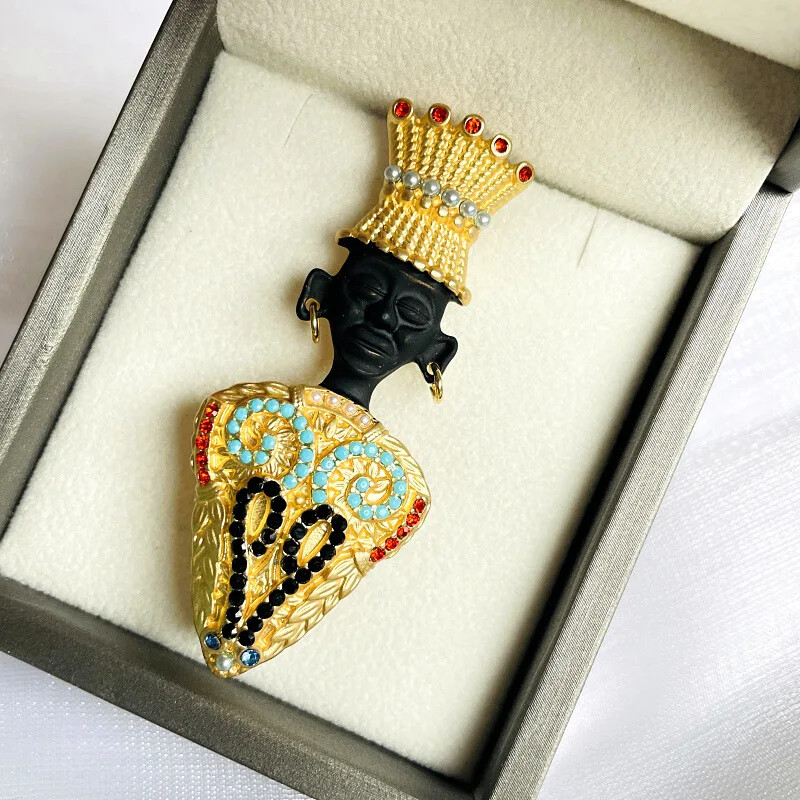 Broche Jefe Tribal Retrato Negro Exótico Rey Egipcio Prendedor Perla Medieval