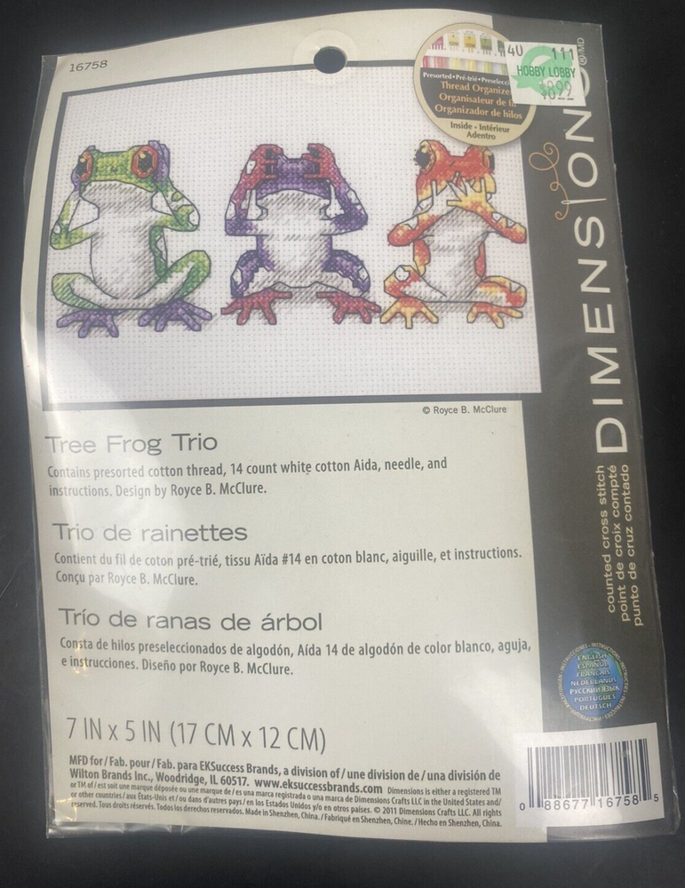5x7 Jiffy 16758 Tree Frog Trio Counted Cross Stitch Kit With Frogs Mini Design  
