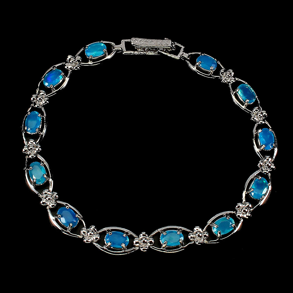 Valentine 925 Silver Bracelet Oval Blue Opal 6x4mm Natural Gemstone Jewelry 8 In
