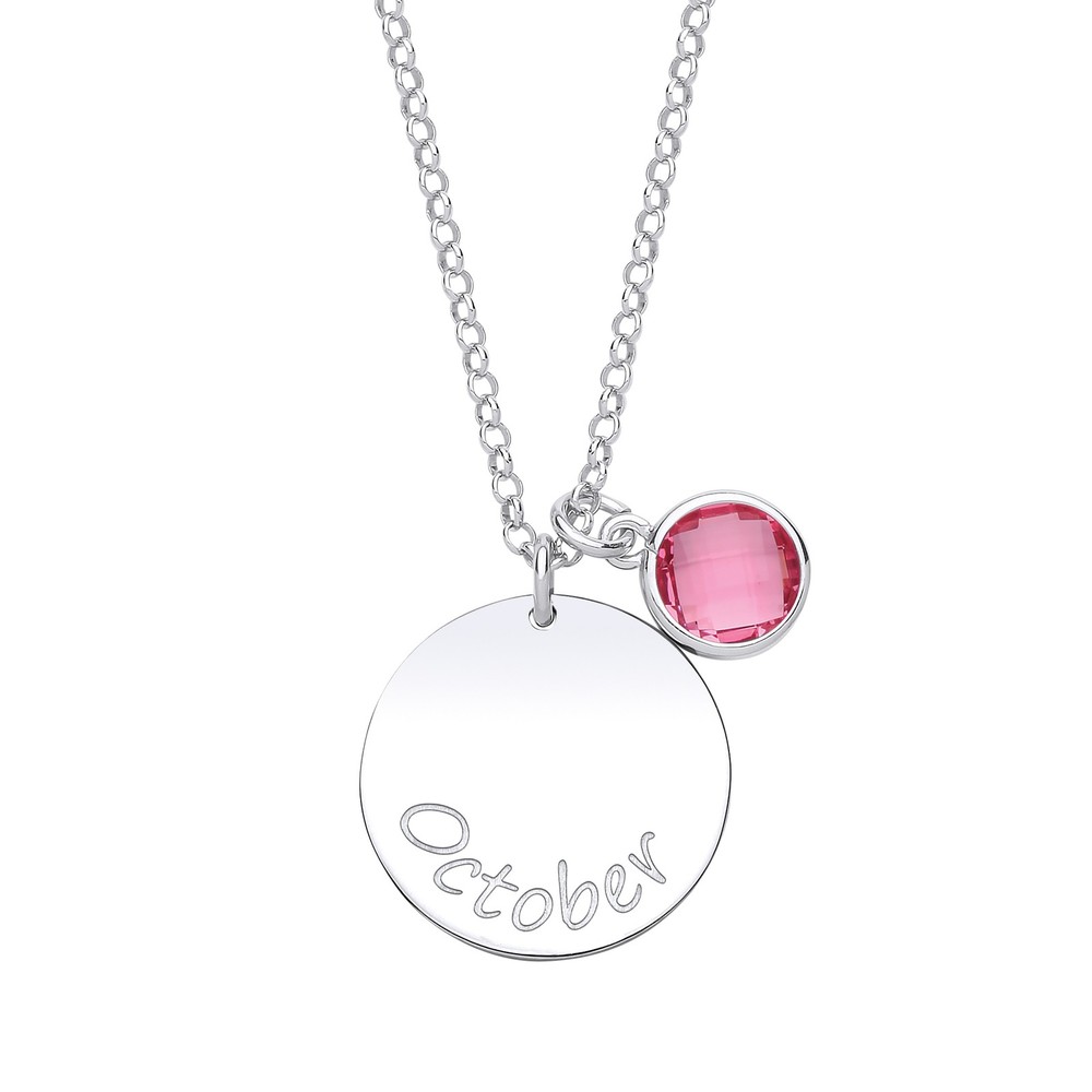 Silver Jewelco London Pink CZ Birthstone October Round Tag Necklace 16