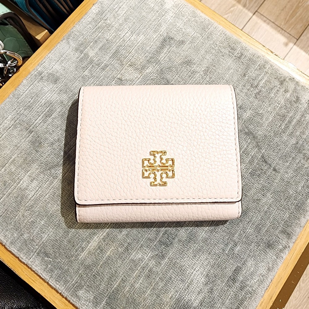 Latest Tory Burch BRITTEN Pink Pebbled Leather Tri-Fold Compact Wallet 159431