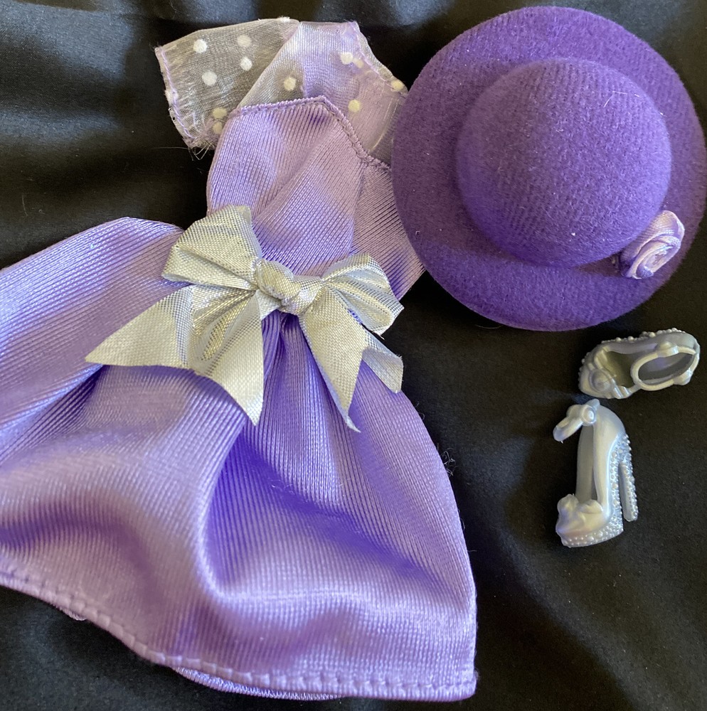Pretty Original Barbie Silky Party Dress Lavender Purple Silver /Shoes Fedora